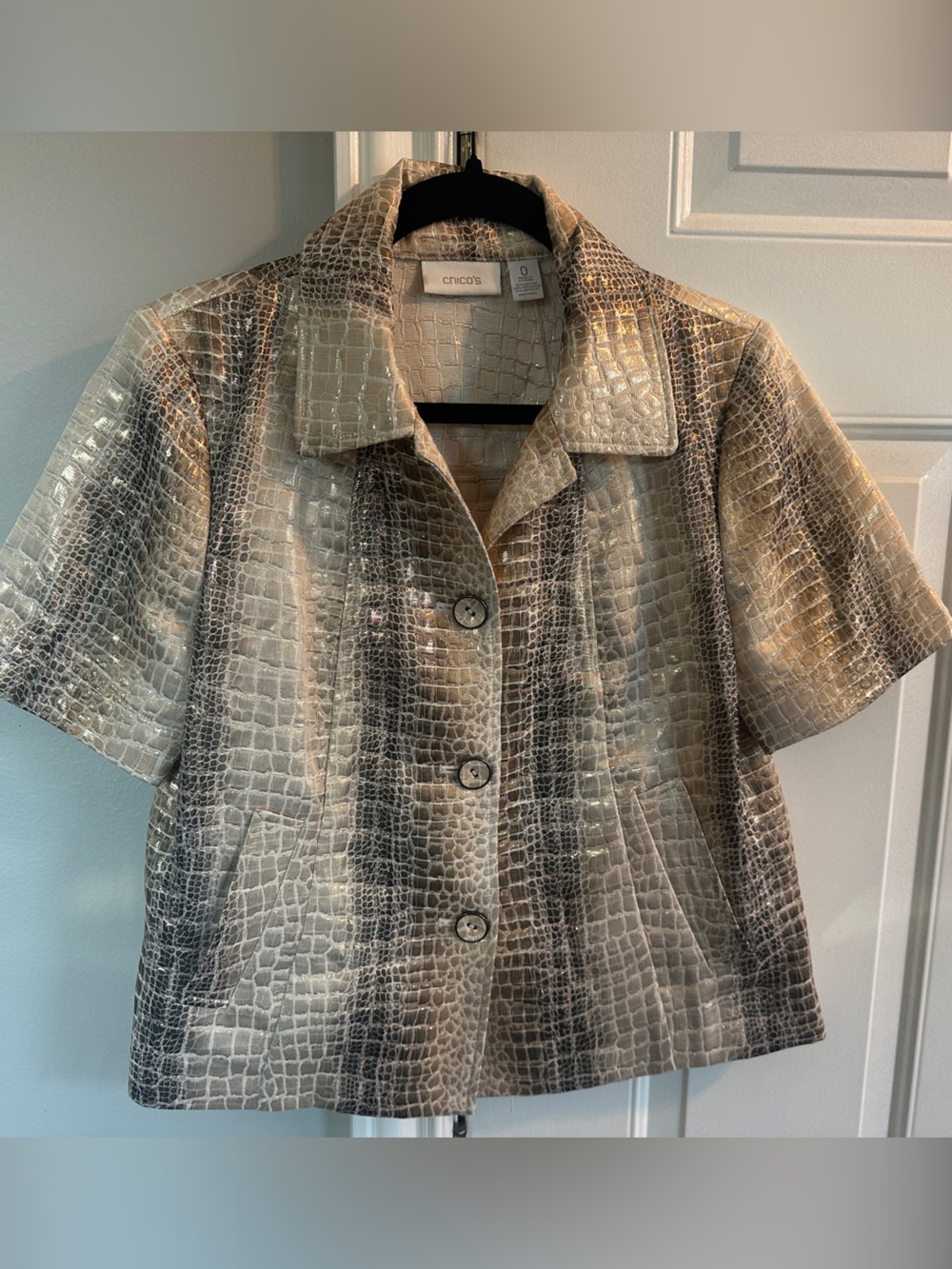 Chico's Metallic Taupe Croc-Embossed Jacket